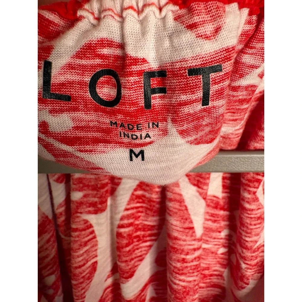 LOFT Floral Puff Sleeve Blouse Womens Medium Red White Cotton V-Neck Top Boho